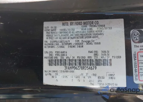 2008 Ford Fusion S from USA, damaged, VIN 3FAHP06Z78R254679